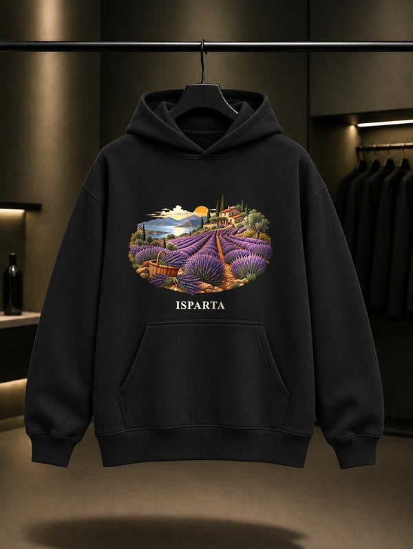 Isparta Kuyucak Lavantası baskılı siyah kapüşonlu sweatshirt