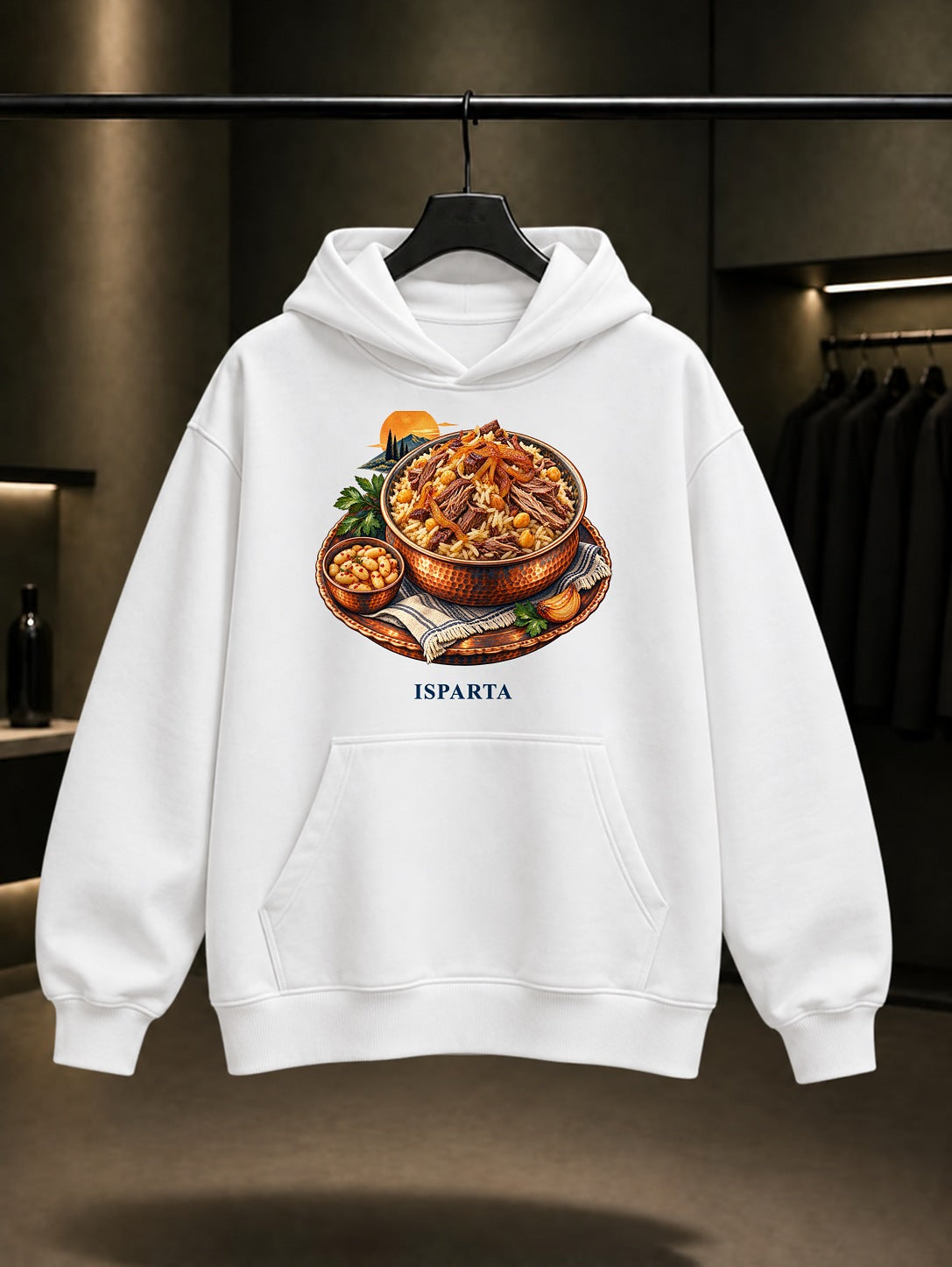 Isparta Kabune Pilavı baskılı beyaz kapüşonlu sweatshirt