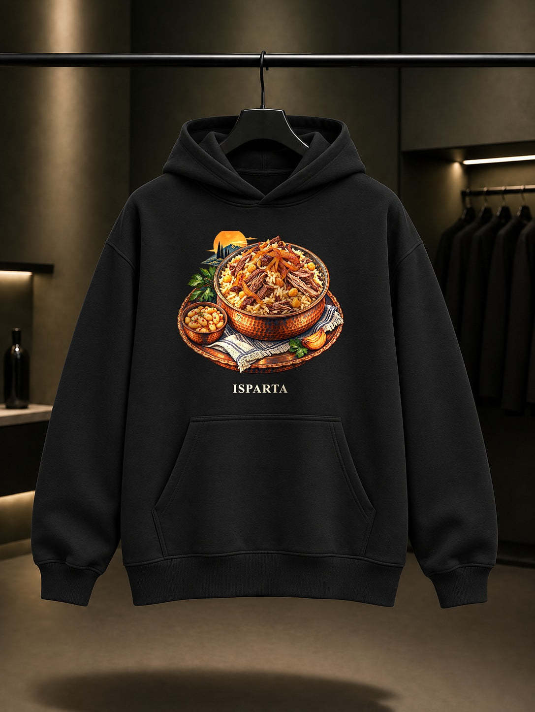 Isparta Kabune Pilavı baskılı siyah kapüşonlu sweatshirt