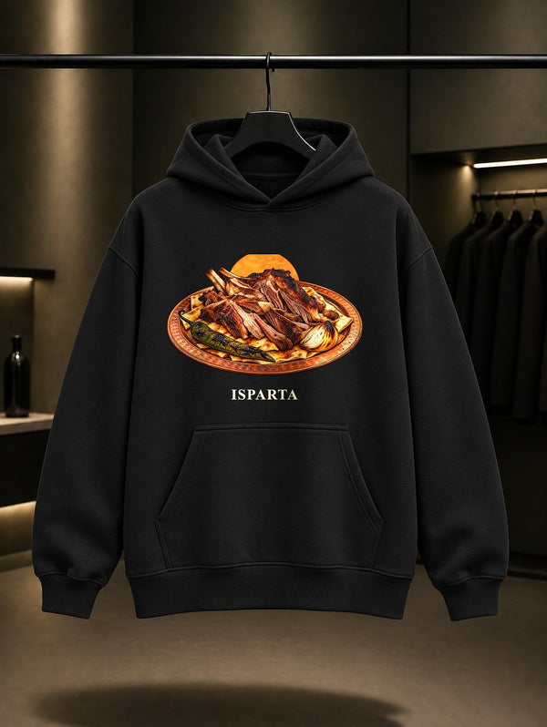 Isparta Fırın Kebabı baskılı siyah kapüşonlu sweatshirt