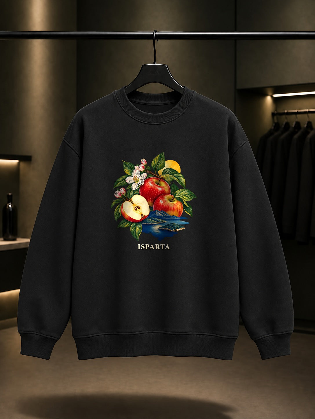 Isparta Eğirdir Elması baskılı siyah sweatshirt