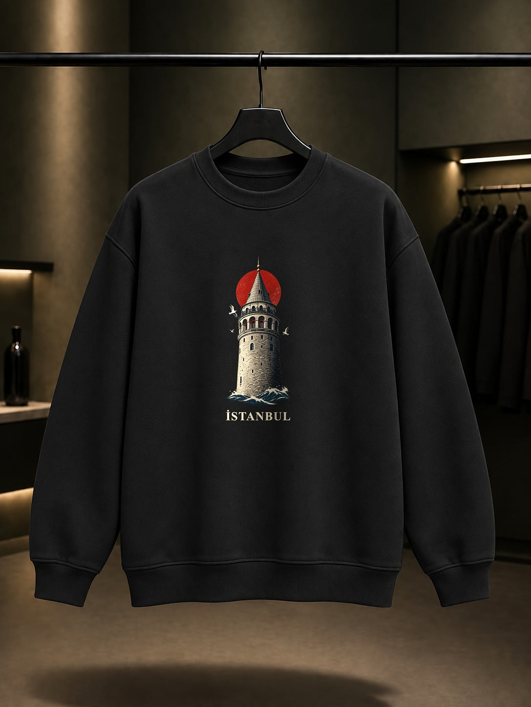 İstanbul Galata Kulesi baskılı siyah sweatshirt
