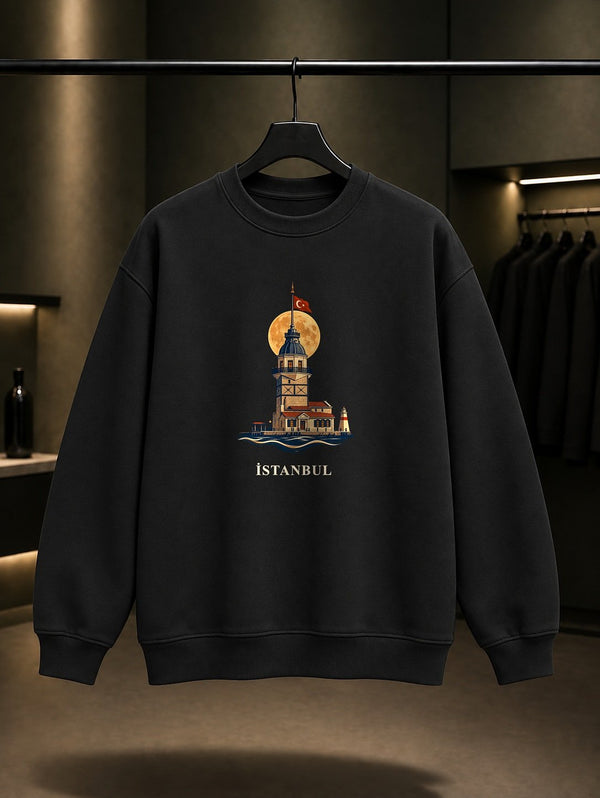 İstanbul Kız Kulesi baskılı siyah sweatshirt
