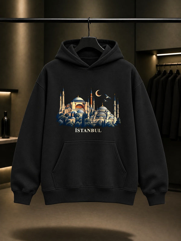 İstanbul Hagia Sophia Sultanahmet baskılı siyah kapüşonlu sweatshirt
