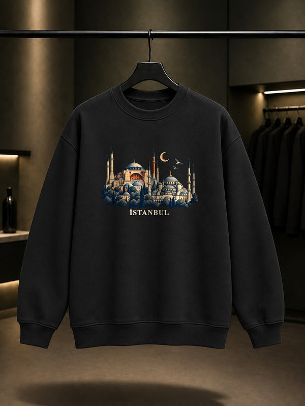 İstanbul Hagia Sophia Sultanahmet baskılı siyah sweatshirt