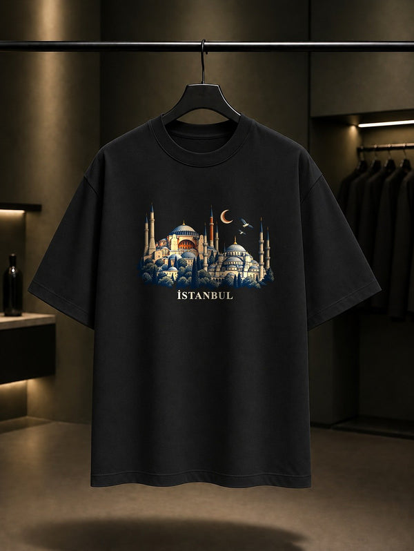 İstanbul Hagia Sophia Sultanahmet baskılı siyah t-shirt
