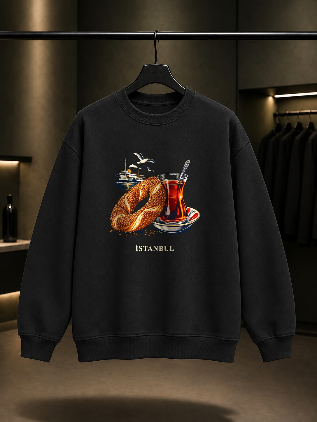 İstanbul Simit Çay baskılı siyah sweatshirt