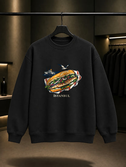 İstanbul Balık Ekmek baskılı siyah sweatshirt