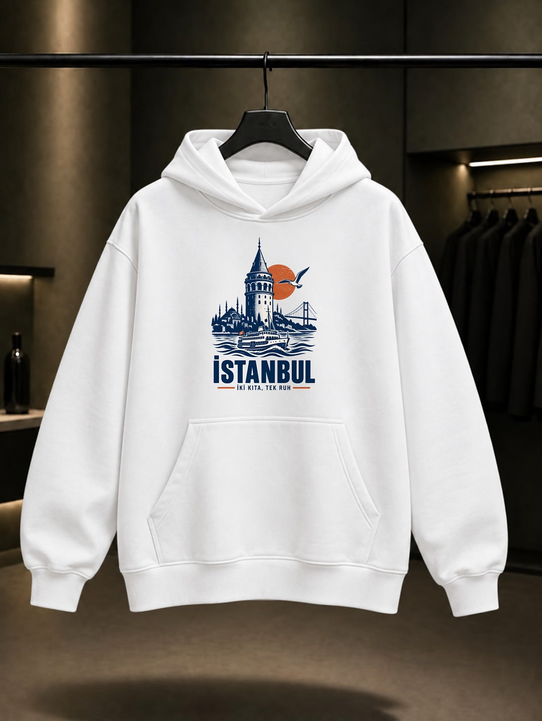 İstanbul baskılı beyaz kapüşonlu sweatshirt
