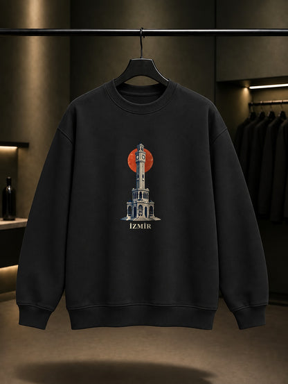 İzmir Saat Kulesi baskılı siyah sweatshirt