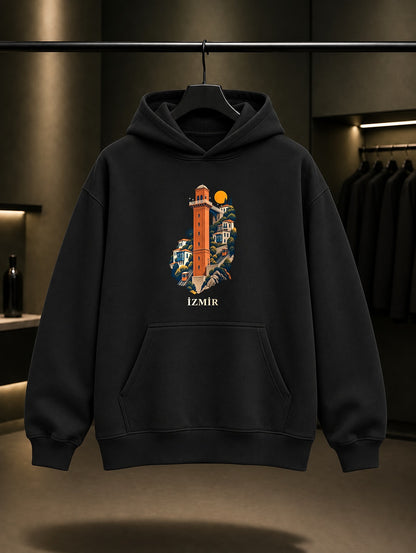 İzmir Tarihi Asansör baskılı siyah kapüşonlu sweatshirt