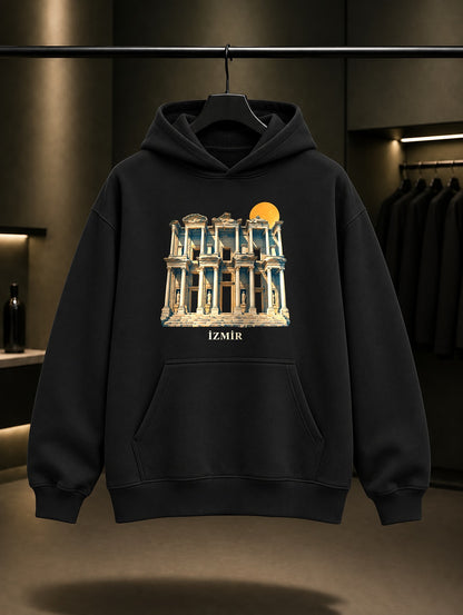 İzmir Efes Celsus Kütüphanesi baskılı siyah kapüşonlu sweatshirt