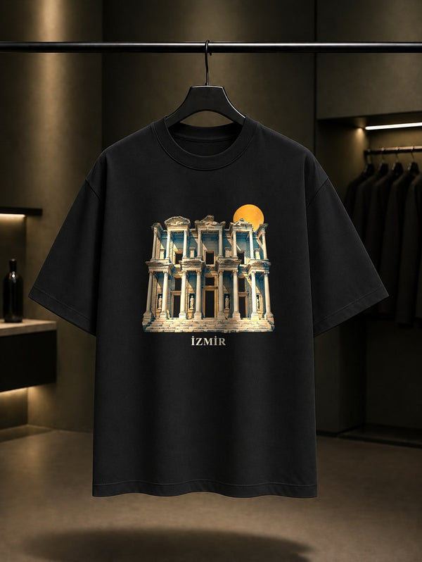 İzmir Efes Celsus Kütüphanesi baskılı siyah t-shirt