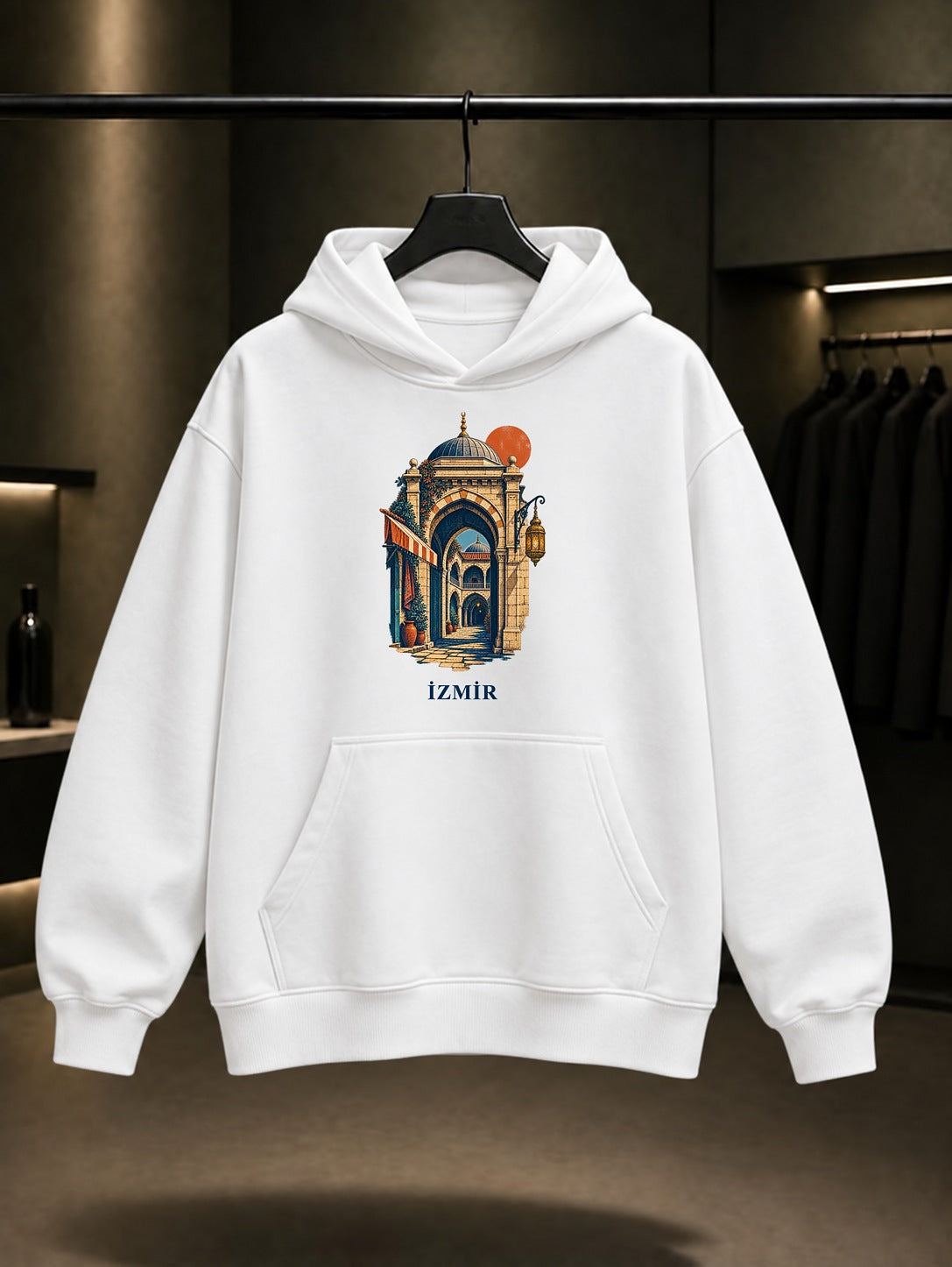 İzmir Kemeraltı Kızlarağası Hanı baskılı beyaz kapüşonlu sweatshirt