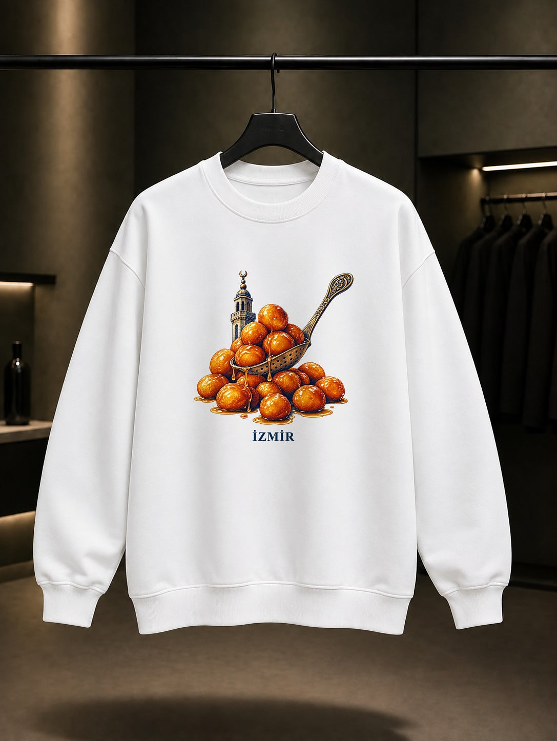 İzmir Lokma baskılı beyaz sweatshirt