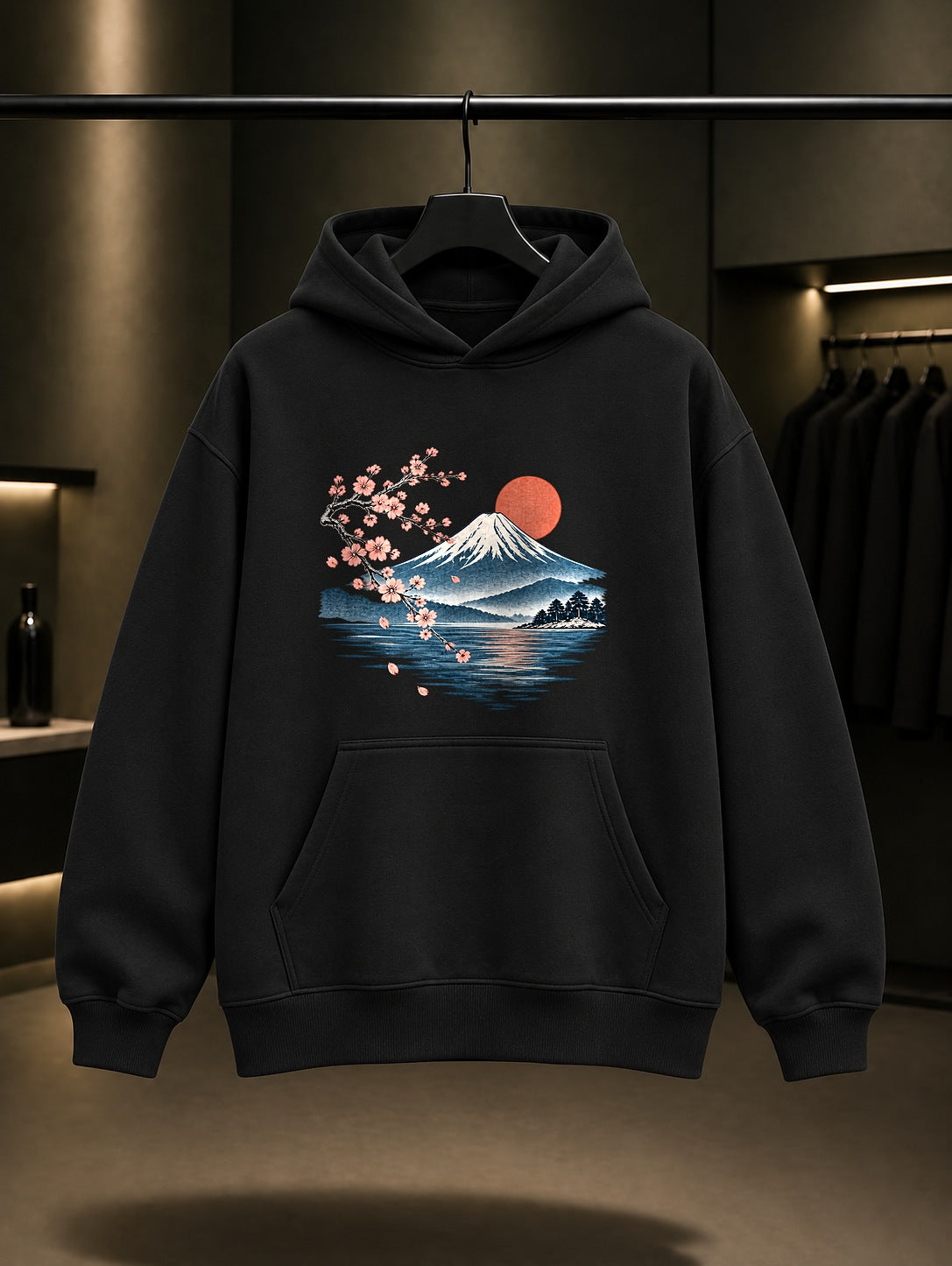 Fuji Dağı ve Sakura Baskılı Unisex %100 Pamuk Kapüşonlu Sweatshirt · Japon Motifi