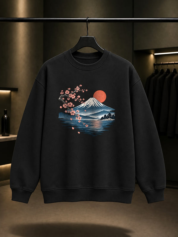 Fuji Dağı ve Sakura Baskılı Unisex %100 Pamuk Sweatshirt · Japon Motifi