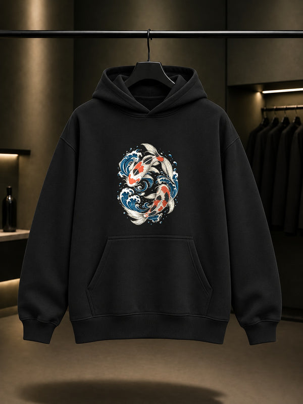 Koi Balığı Baskılı Unisex %100 Pamuk Kapüşonlu Sweatshirt · Japon Motifi