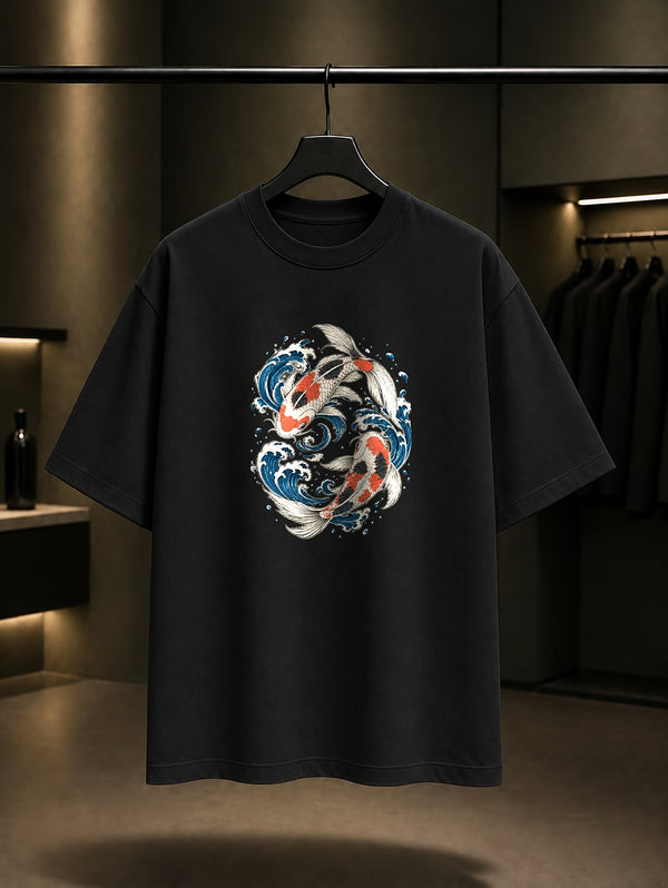 Koi Balığı Baskılı Unisex %100 Pamuk Tişört · Japon Motifi