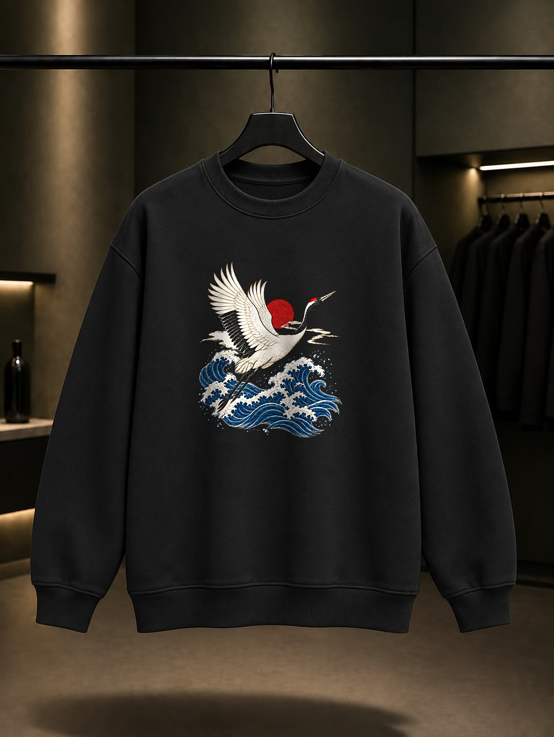 Dalga ve Turna Baskılı Unisex %100 Pamuk Sweatshirt · Japon Motifi