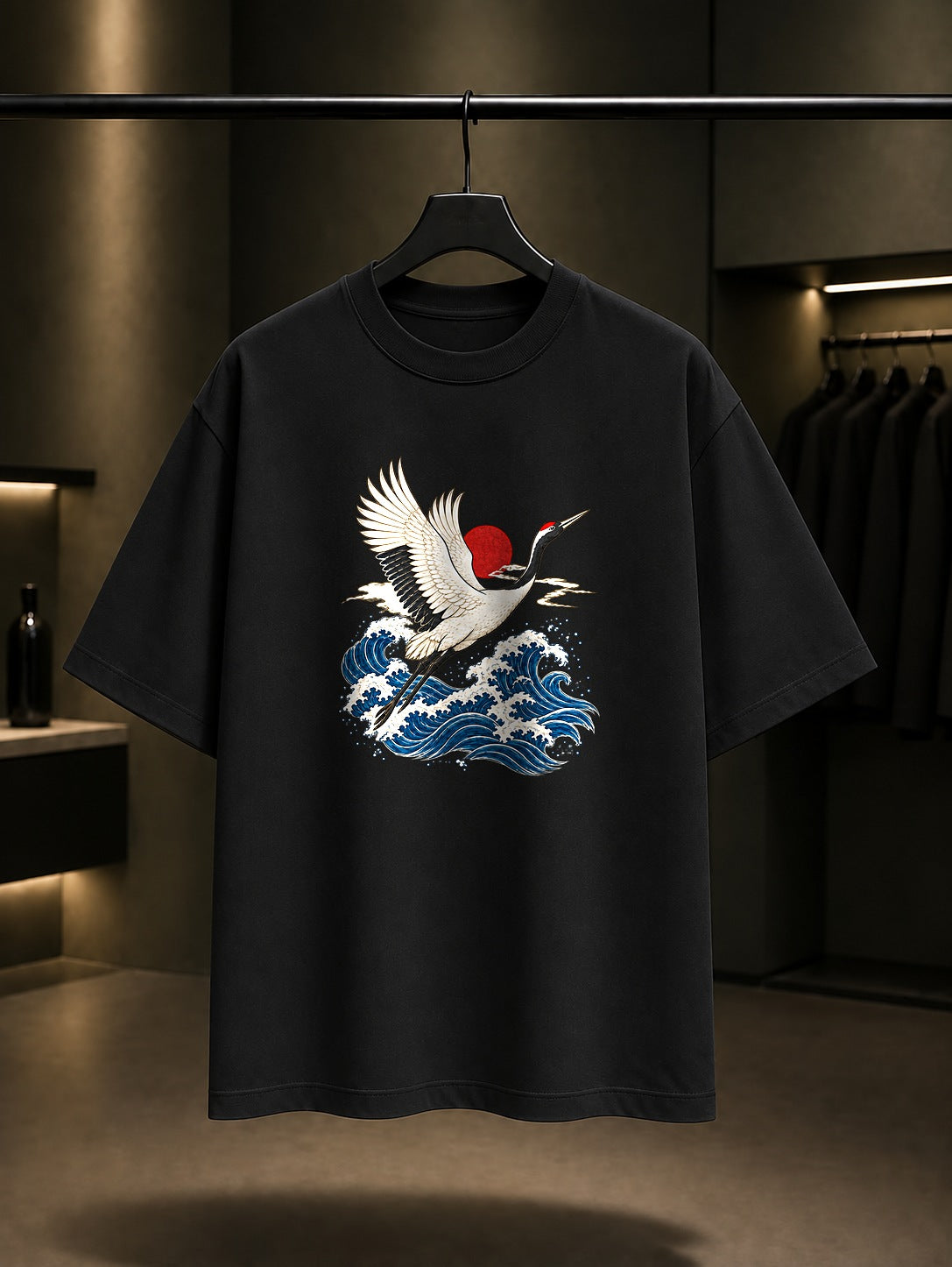 Dalga ve Turna Baskılı Unisex %100 Pamuk Tişört · Japon Motifi