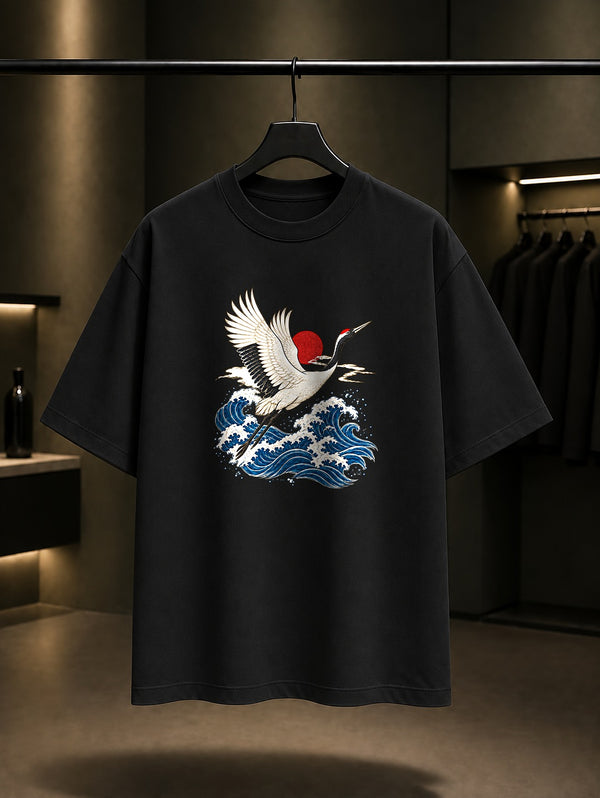 Dalga ve Turna Baskılı Unisex %100 Pamuk Tişört · Japon Motifi
