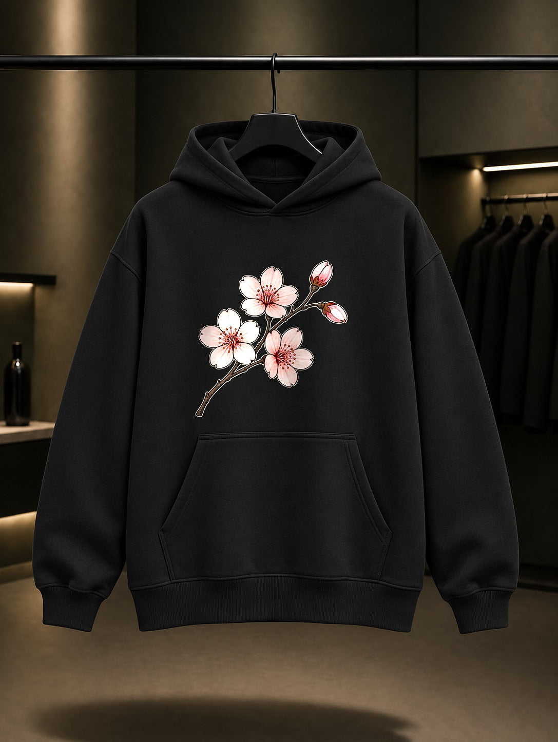 Mini Sakura Baskılı Unisex %100 Pamuk Kapüşonlu Sweatshirt · Japon Motifi