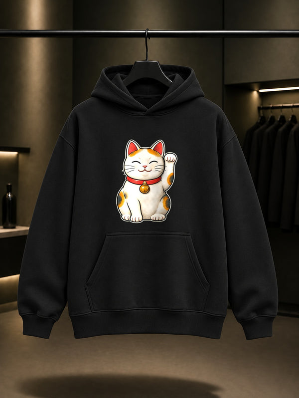 Mini Maneki Neko Uğurlu Kedi Baskılı Unisex %100 Pamuk Kapüşonlu Sweatshirt · Japon Motifi