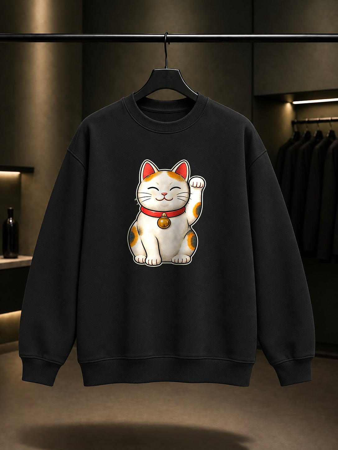 Mini Maneki Neko Uğurlu Kedi Baskılı Unisex %100 Pamuk Sweatshirt · Japon Motifi