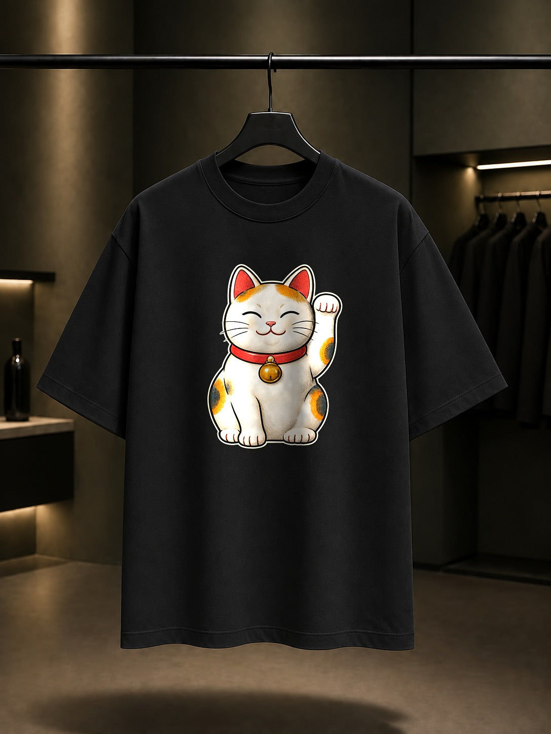 Mini Maneki Neko Uğurlu Kedi Baskılı Unisex %100 Pamuk Tişört · Japon Motifi