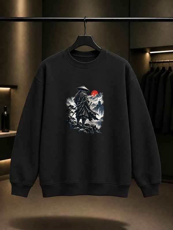 Yağmurda Ronin Baskılı Unisex %100 Pamuk Sweatshirt · Japon Motifi