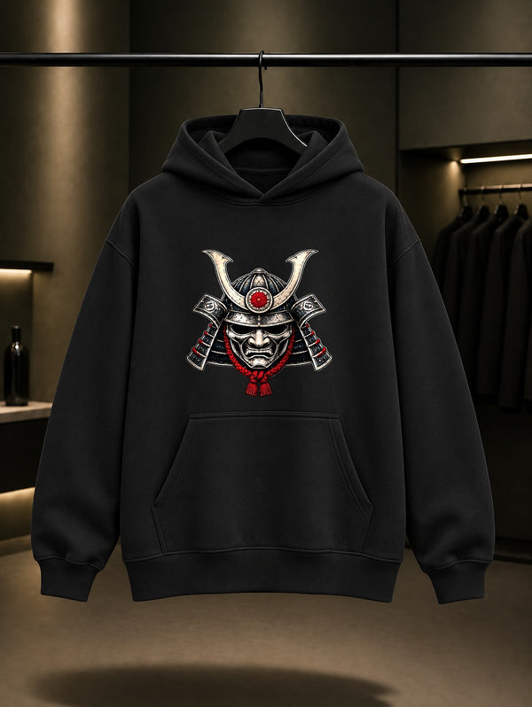 Kabuto Samuray Miğferi Baskılı Unisex %100 Pamuk Kapüşonlu Sweatshirt · Japon Motifi