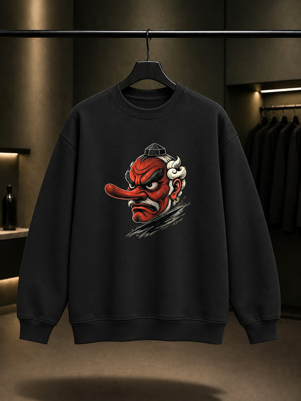 Tengu Maskesi Baskılı Unisex %100 Pamuk Sweatshirt · Japon Motifi