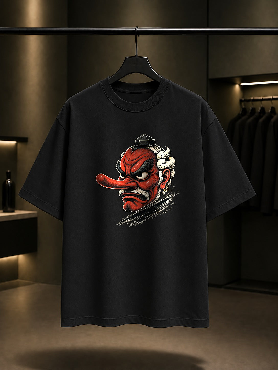 Tengu Maskesi Baskılı Unisex %100 Pamuk Tişört · Japon Motifi