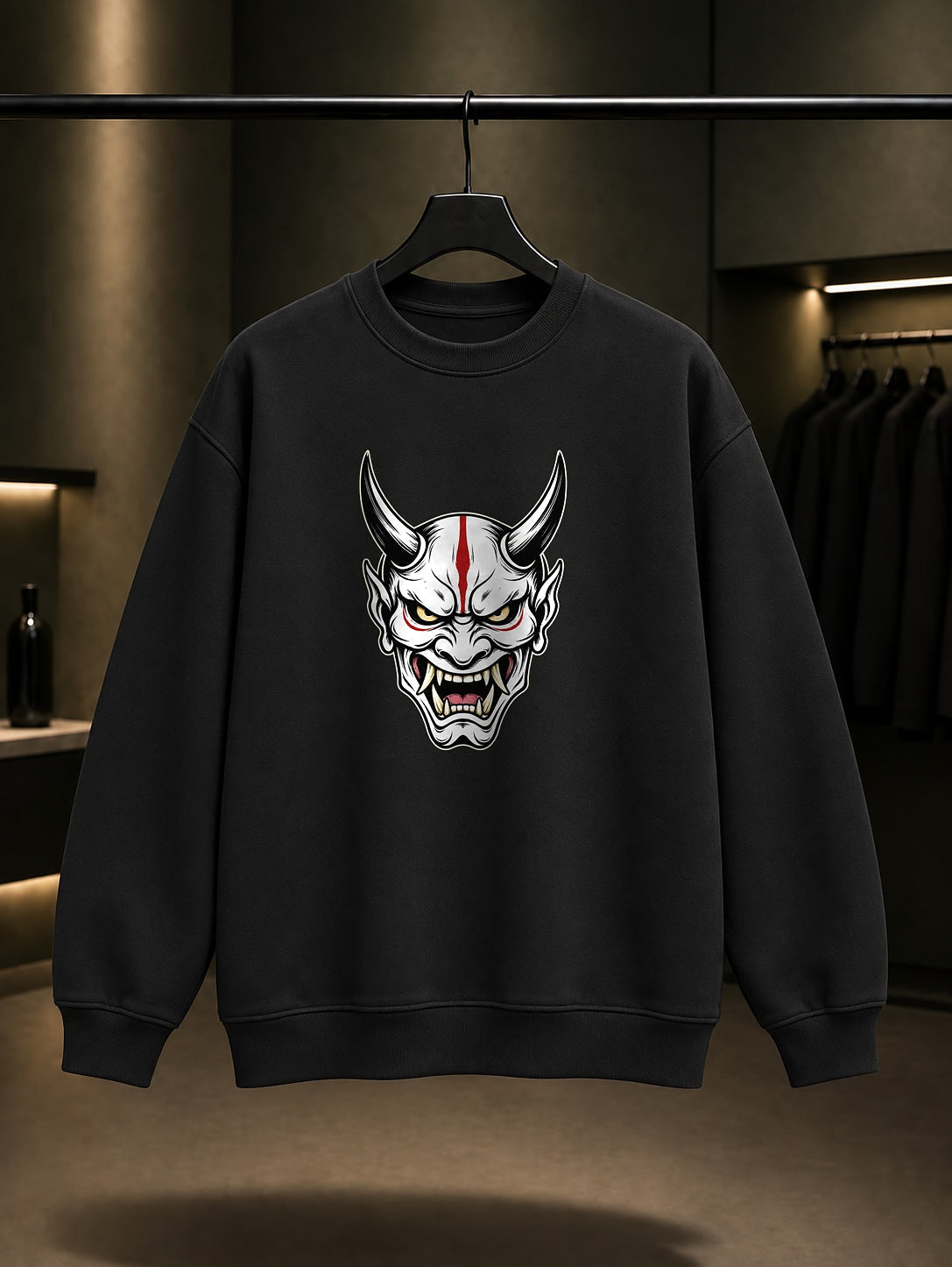 Mini Oni Maskesi Baskılı Unisex %100 Pamuk Sweatshirt · Japon Motifi