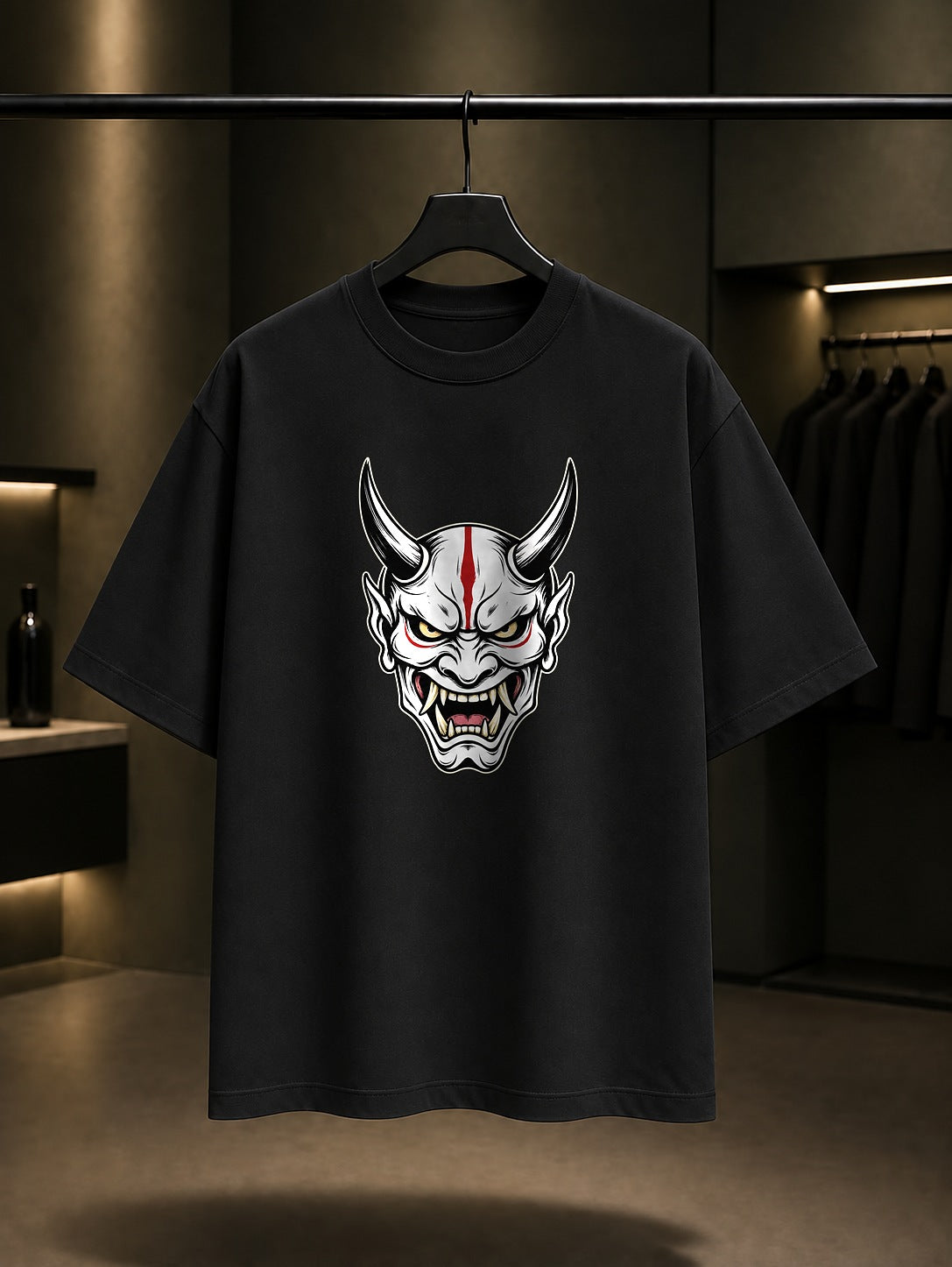 Mini Oni Maskesi Baskılı Unisex %100 Pamuk Tişört · Japon Motifi