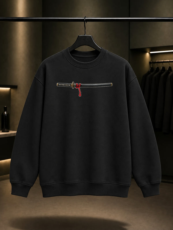 Mini Katana Baskılı Unisex %100 Pamuk Sweatshirt · Japon Motifi