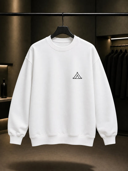Kamp Çadırı Minimal Baskılı Unisex %100 Pamuk Sweatshirt — Beyaz