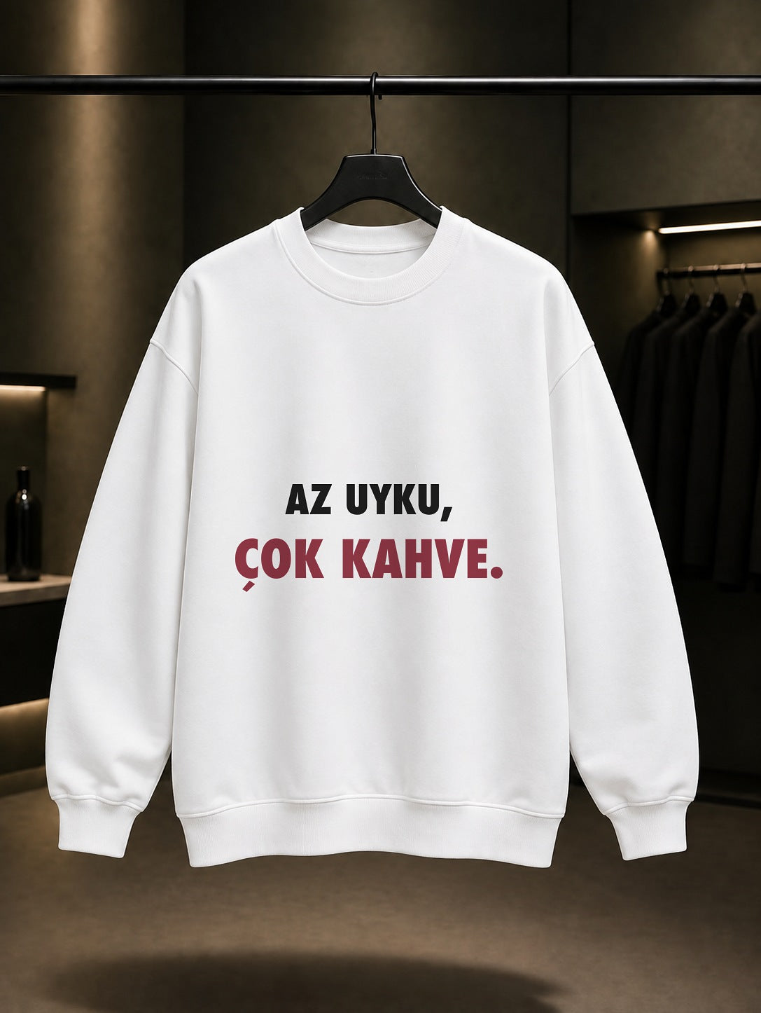 Az Uyku, Çok Kahve Yazılı Baskılı Unisex %100 Pamuk Sweatshirt — Beyaz