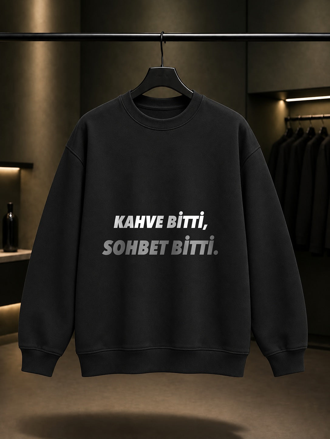 Kahve Bitti, Sohbet Bitti Yazılı Baskılı Unisex %100 Pamuk Sweatshirt — Siyah