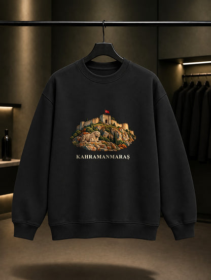 Kahramanmaraş Maraş Kalesi baskılı siyah sweatshirt