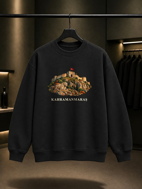 Kahramanmaraş Maraş Kalesi baskılı siyah sweatshirt