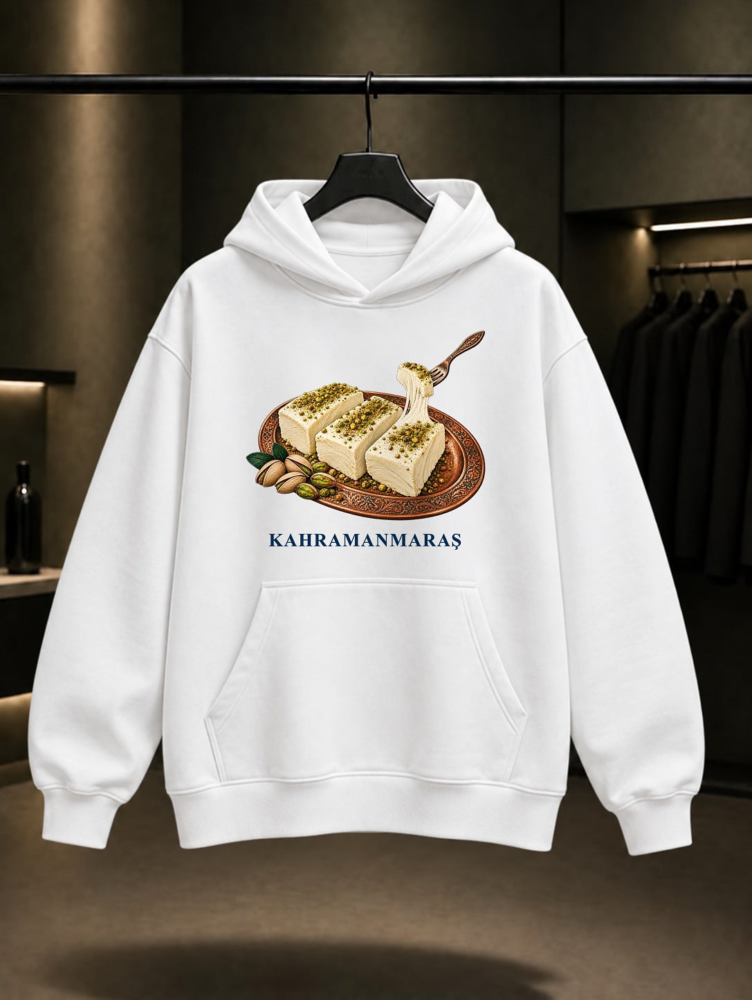Kahramanmaraş Maraş Dondurması baskılı beyaz kapüşonlu sweatshirt