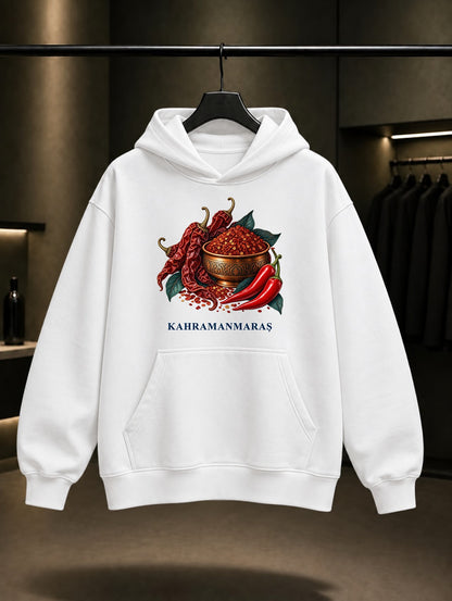 Kahramanmaraş Maraş Biberi baskılı beyaz kapüşonlu sweatshirt