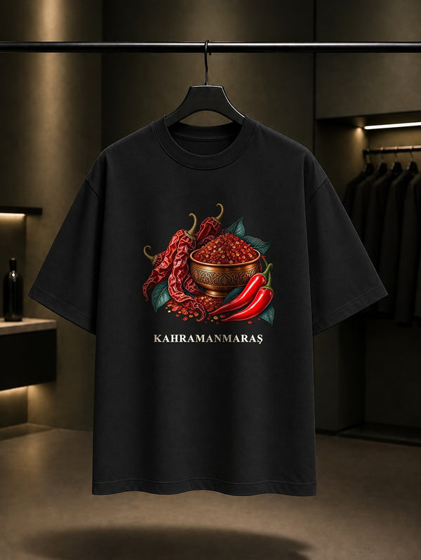 Kahramanmaraş Maraş Biberi baskılı siyah t-shirt