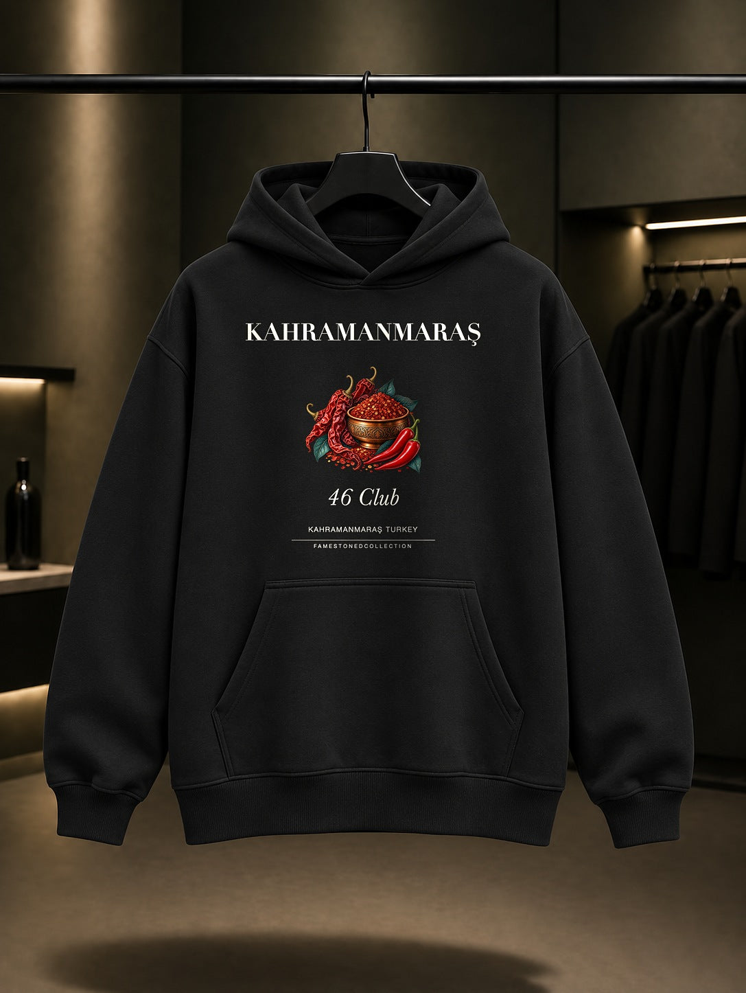 Kahramanmaraş Maraş Biberi 46 Club baskılı siyah kapüşonlu sweatshirt