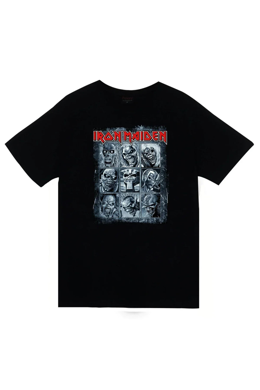 Iron Maiden - Müzik Grubu Maskot yüzlerinden oluşan ızgara baskılı siyah tişört