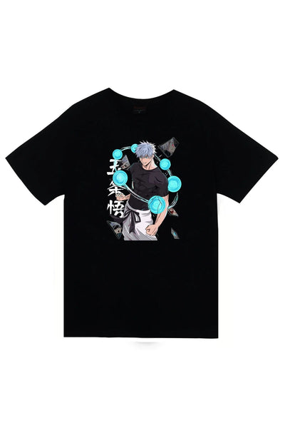 Jujutsu Kaisen Satoru Gojo Anime - mavi küre Baskılı Unisex %100 Pamuk Siyah T-shirt