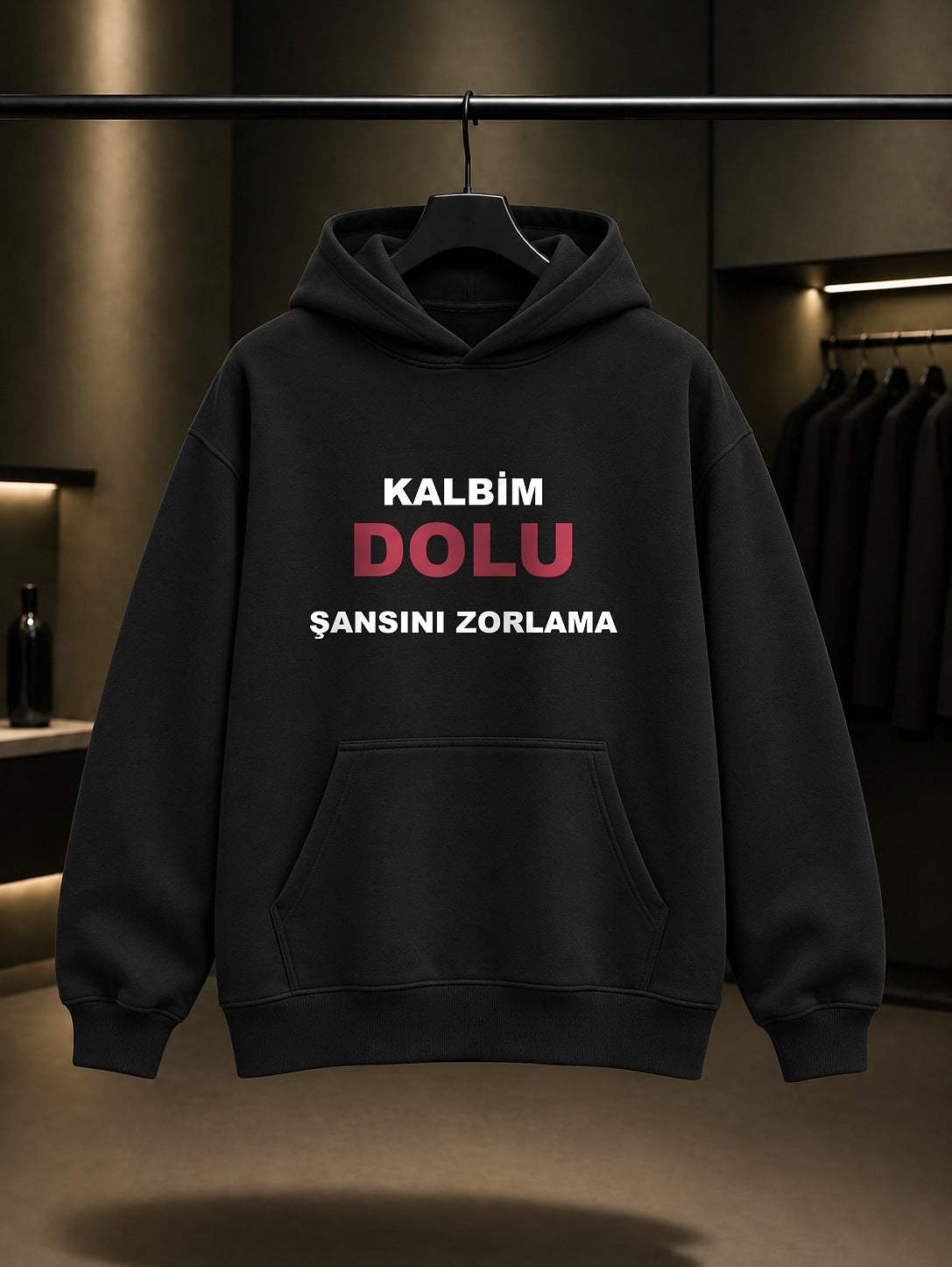 Kalbim Dolu Şansını Zorlama Baskılı Unisex %100 Pamuk Kapüşonlu Sweatshirt — Siyah