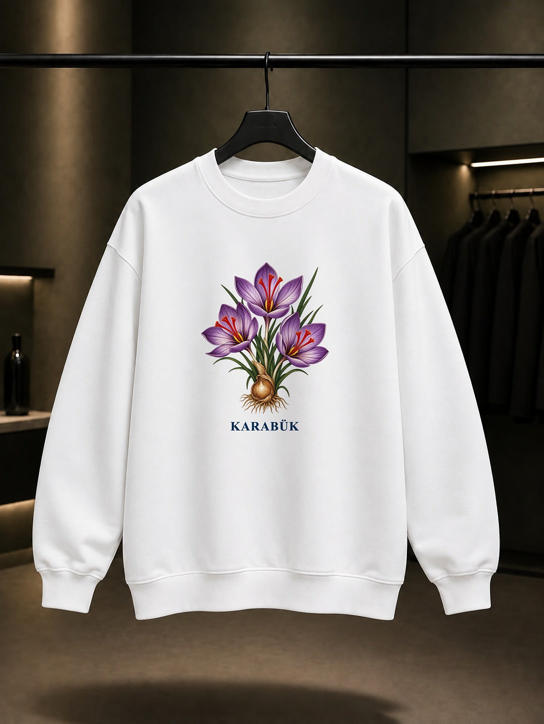 Karabük Safran Çiçeği baskılı beyaz sweatshirt